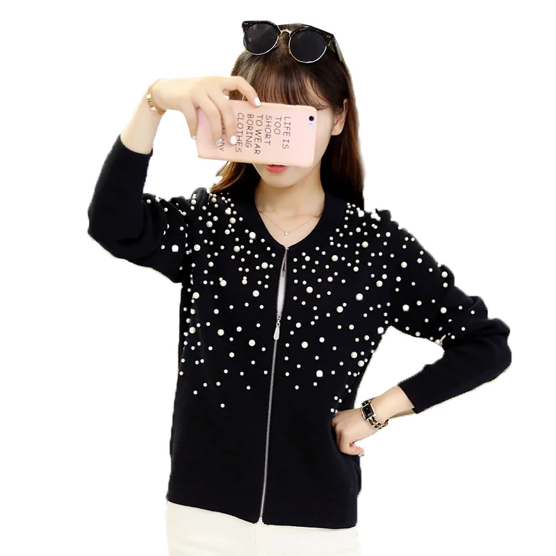 

New Fashion Autumn Winter Women Cardigans Sweaters Knitted Christmas Sweater Tops High Quality Pearl beaded Cardigans Feminino