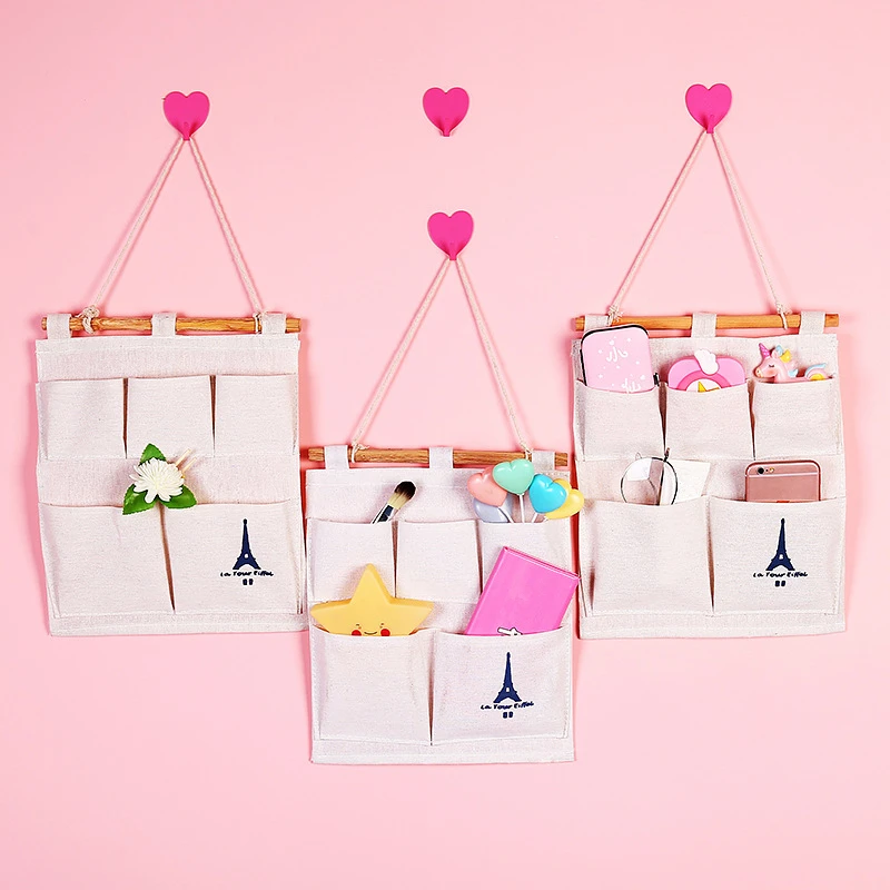 

Cotton Linen Multi-function Wall Hanging Storage Bag 5 Pockets Fabric Pouch Cosmetic Organizer Storage Box Makeup Case Holder