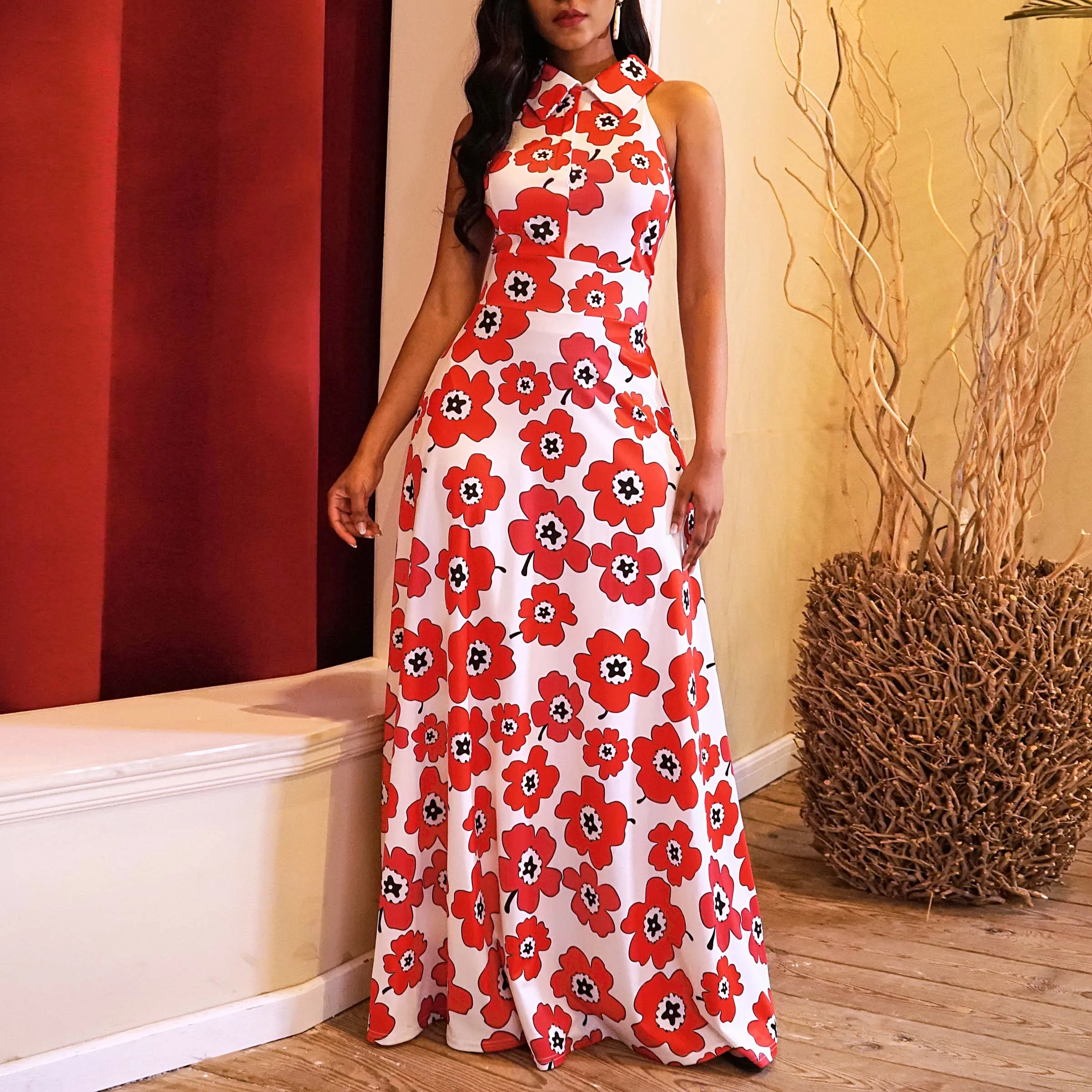 

Women Maxi Dresses Casual Sweet Elegant Party Plus Size Office Lady Aline Lapel High Waist Floral Print Female Fashion Dress