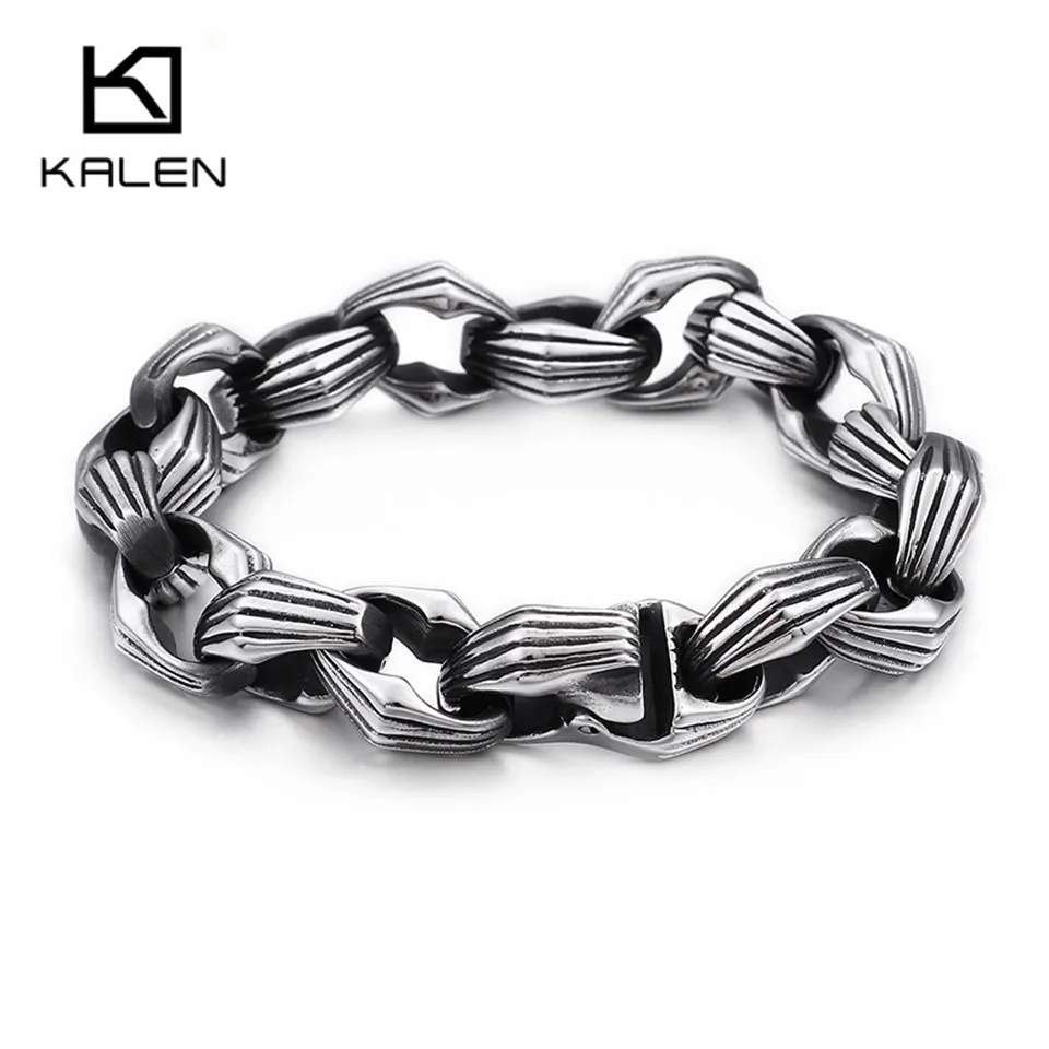 

KALEN Punk 22cm Link Chain Bracelets For Men Stainless Steel Irregular Geometric Pattern Charm Hand Chain Wrap Bracelet Jewelry
