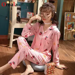 Весенний женский удобный хлопковый пижамный комплект для девочек розовый принт пижамный комплект с длинным рукавом Пижама Плюс Размер 3XL