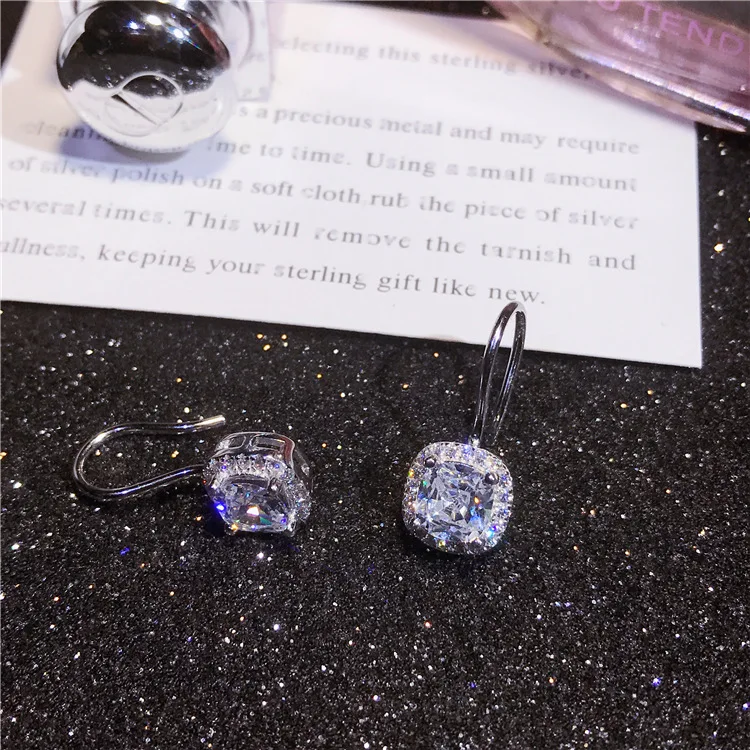 

Sweet Designer All Matching Real 925 Sterling Silver Women Hook Earrings Trendy Women Sqaure Quality Shiny Zircon Earrings