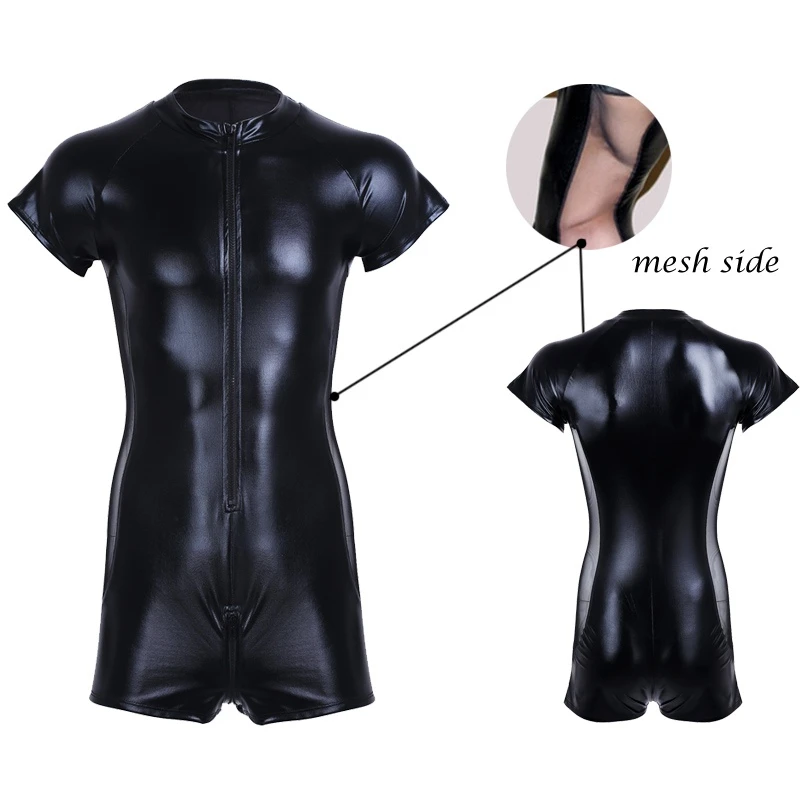 Bodysuit Leather Mens Front Zipper One-piece swimsuit Thong Leotard Bodysuit with See-through Mesh Side for Night Club Party