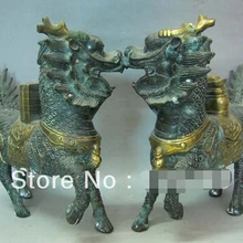 Пара Старый Китайский Позолоченной Бронзы Гардиан Kylin Чи Лин Статуя