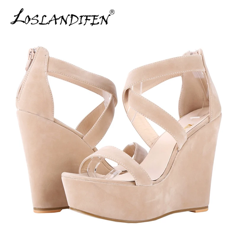 

LOSLANDIFEN Women Sandals Nude New Platform Flock Gladiator Sandal Wedges Casual High Heels Shoes Lady Summer Shoe Wedding Party