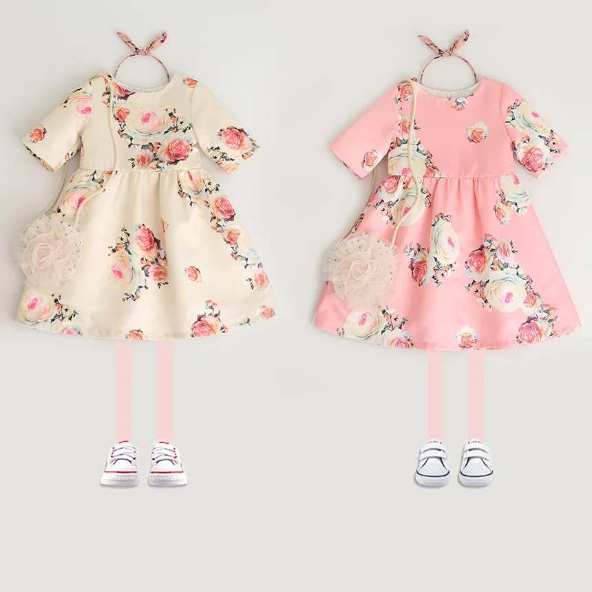 

Girls ' Floral Print Short - Sleeved Dress Korean Style Spring Dress New Baby Girl Clothes