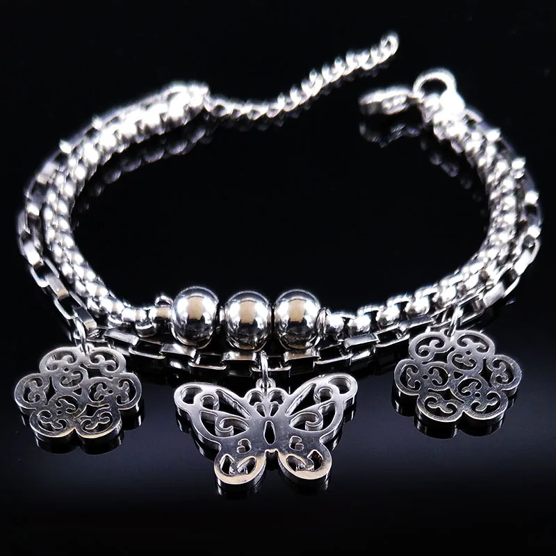 Бабочка браслет из нержавеющей стали Женский двойной цветок серебряные цветные браслеты и браслеты ювелирные изделия pulseras mujer moda B61474 - Окраска металла: A