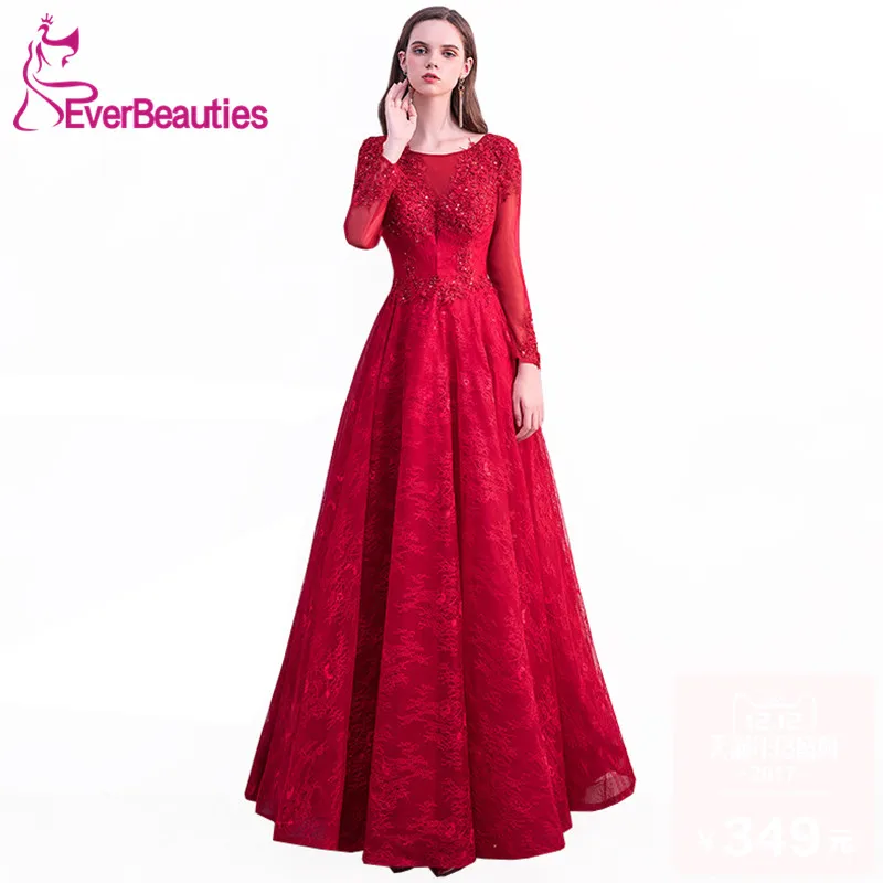 

Elegant Long Evening Dresses Robe De Soiree 2019 Long Sleeves Tulle with Appliques Evening Party Dresses New Arrival Abiye