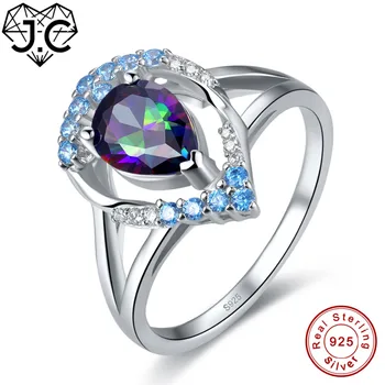 

J.C New Water Drop Rainbow & Blue Topaz Genuine 925 Sterling Silver Ring Size 6 7 8 9 For Women Wedding Engagement Fine Jewelry