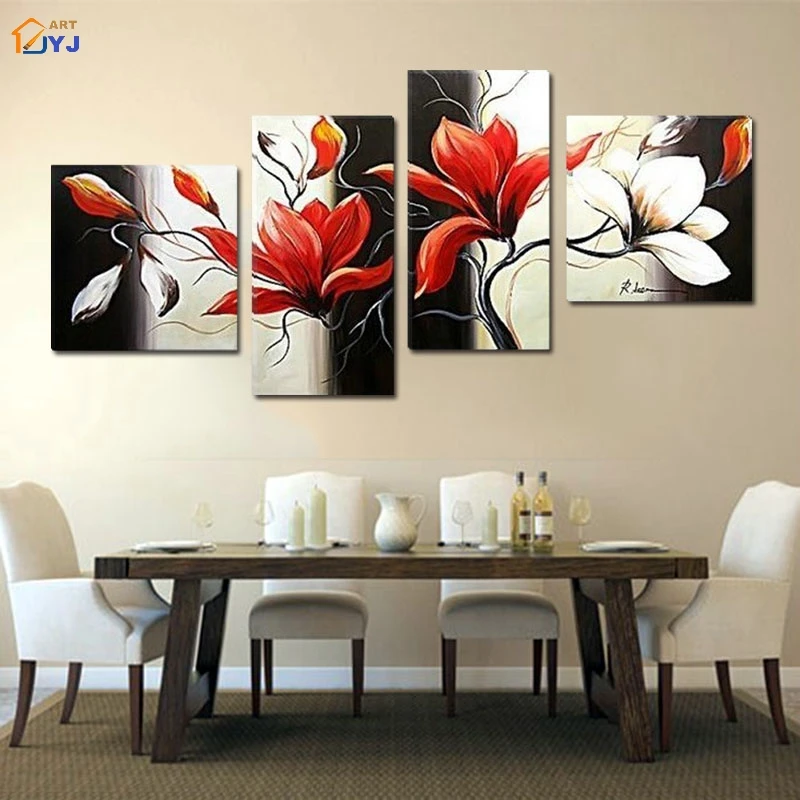 

4 Panels Modular Magnolia Picture Handmade Modern Abstract Oil Painting On Canvas Wall Art Gift for Living Room No Framed TH060