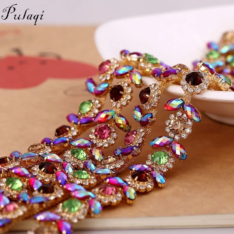 

Pulaqi 1 Yard Chain Random AB Colors High Quality Rhinestone Trim For Wedding Dress DIY Jewelry Accessories Rainbow Crystal F