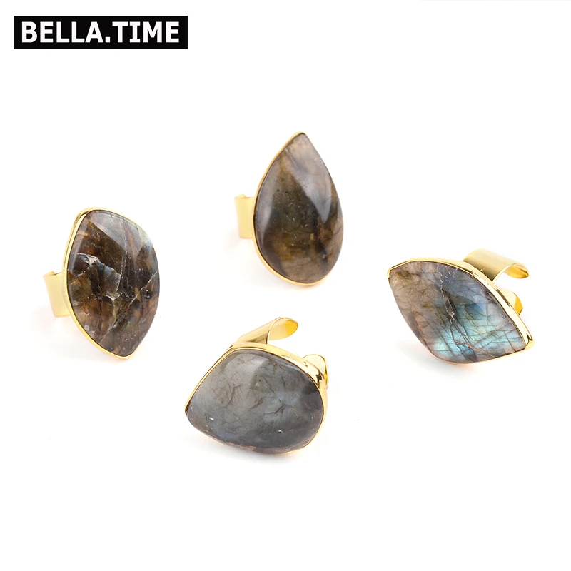 

BELLA.TIME Adjustable Natural Labradorite Stone Gold Open Rings For Women Boho Personalized Natural Trace Oval Stone Rings RI41