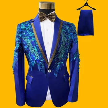 

2019 Newest 4XL Mens Formal Suit Jacket Blazer Fashion Blue Paillette Embroidered Performance Party Prom Blazers Mens