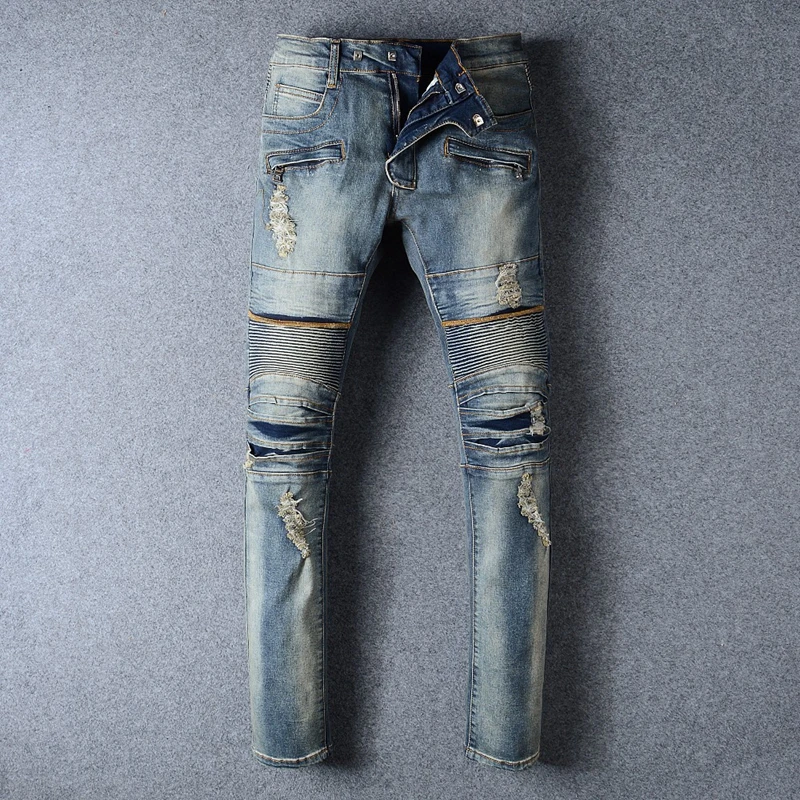 New Brand Designer Knee Ripped Biker Jeans Men Distressed Moto Denim ...