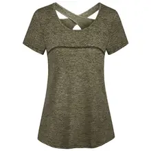 Плюс Размеры Летние Женские однотонные короткий рукав с круглым вырезом крест-накрест для спортивной йоги рубашка Фитнес тренировки облегающие толстовки блузка