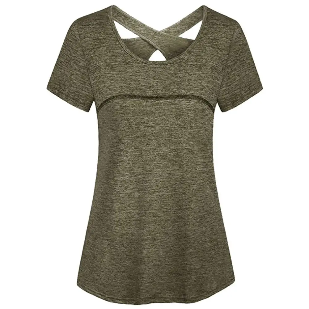 

Plus Size Summer Woman Solid Short Sleeve Round Neck Cross Back Athletic Yoga Shirt Fitness Workout Pullover Sportwear Blouse