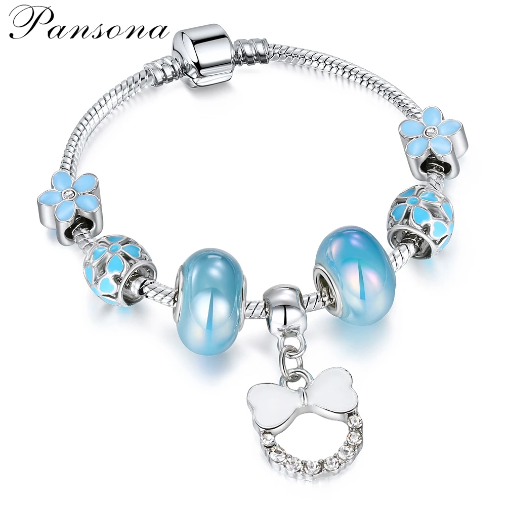 Pansona European Silver Blue Cat Crystal Charms Bracelet for Women