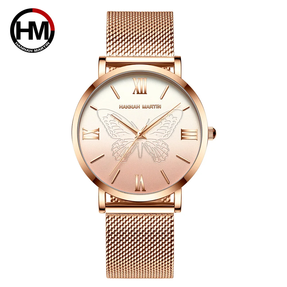 

Luxury Rose Gold Ladies Dress Watch Top Brand Fashion 3D Butterfly Clock Japan Quartz Stainless Steel Waterproof Watch Relogio