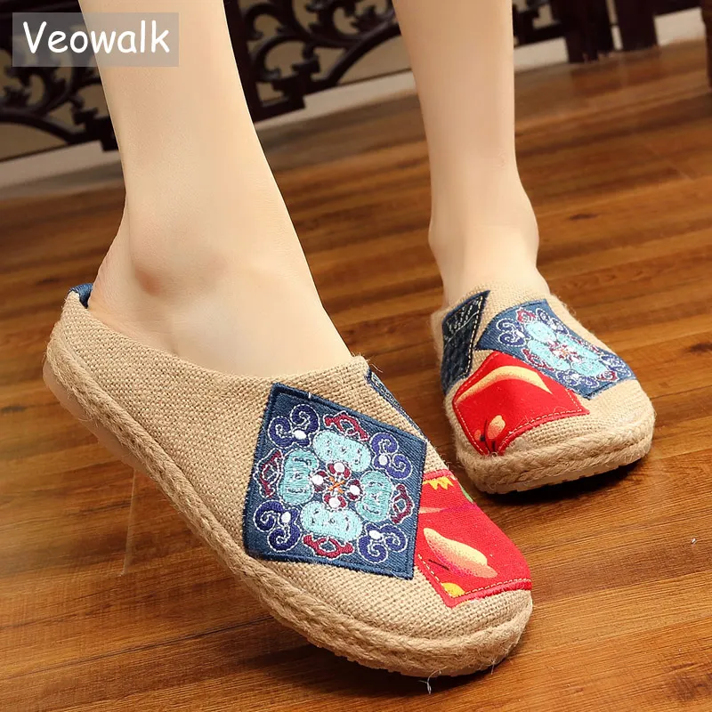 

Veowalk Handmade Summer Women Close Toe Linen espadrilles Slippers High End Chinese Artist Embroidered Ladies Casual Slide Shoes