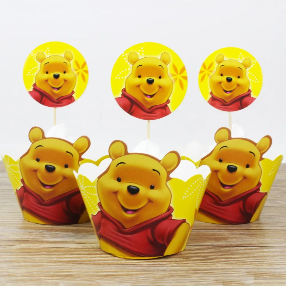 

24pcs Winnie the Pooh Party Paper Cupcake wrappers toppers for kids party Birthday decoration cake cups(12 wraps+12 topper)