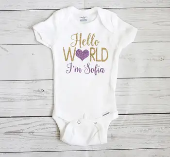 

Customize name HELLO WORLD birthday baby bodysuit onepiece romper Outfit Take Home toddler shirt baby shower New Year party