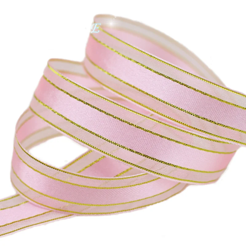 5/"(15 мм) розовая Золотая атласная лента высокого качества для упаковки подарков свадебные ленты