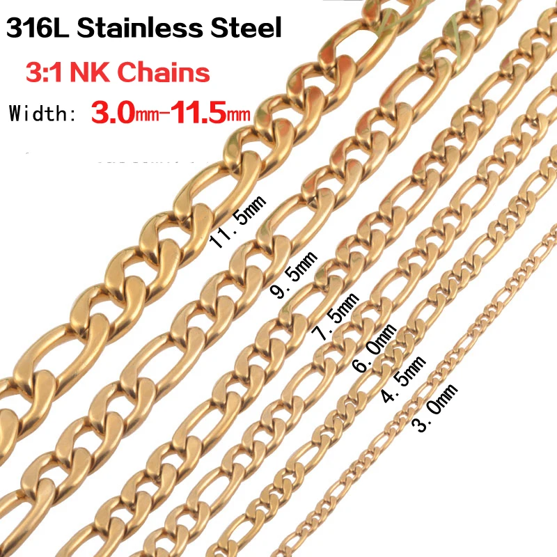 SS316 L Figaro Chain Width 7.5mm Stainless Steel Men Gold Tone Necklace