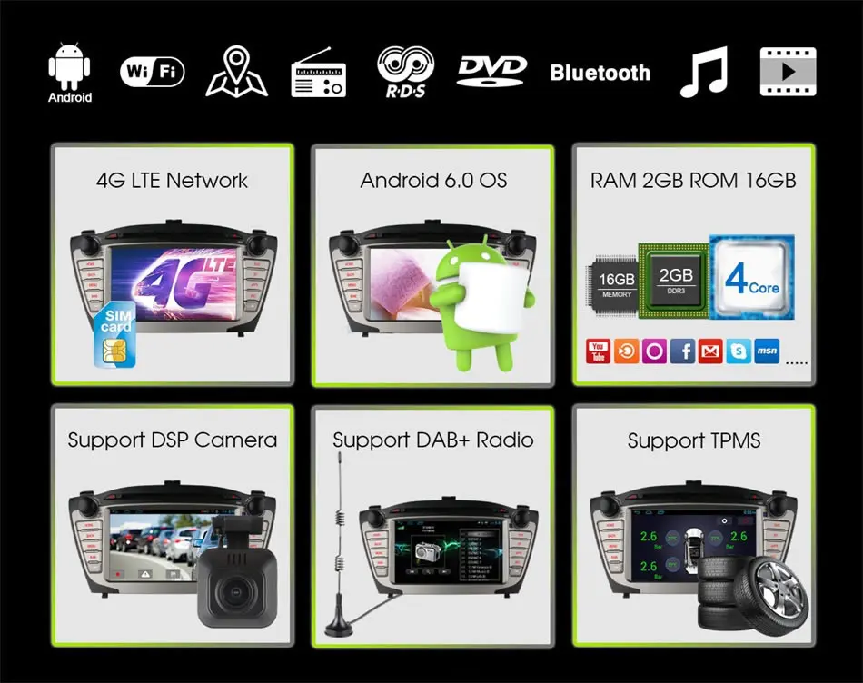 Cheap Quad core Android 6.0 Quad Core 2GB RAM 4G LTE WIFI Car DVD Player for Hyundai IX35 Tucson 2009-2014 Radio GPS Navigation BT 1