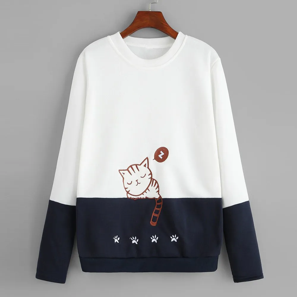 

Women sweatshirt hoodies kawaii cat Printed Embroidery Casual Patchwork Blouse Top Pullover Autumn Spring women Sweatshirt 2019