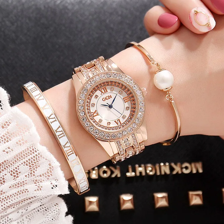 

2019 GEDI Fashion Rose Gold Women Watches Top Luxury Brand Ladies Quartz Watch 3 Piece Rhinestone Watch Relogio Feminino Hodinky