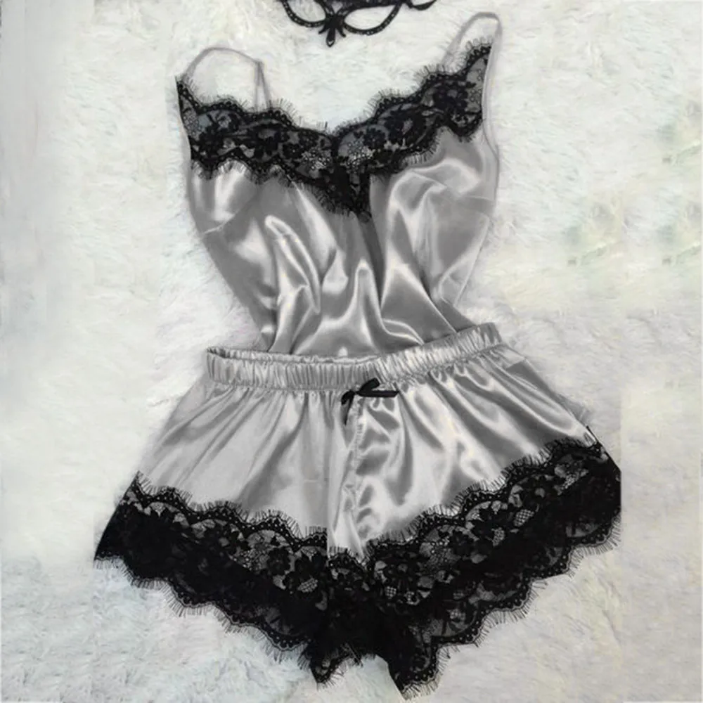 S-3XL Size Women's Sleepwear Sexy Satin silk Pajama Set Lace V-Neck Pyjamas Sleeveless Cute Cami Top 2019 Short pijama mujer S-3XL Size Women's Sleepwear Sexy Satin silk Pajama Set Lace V-Neck Pyjamas Sleeveless Cute Cami Top 2019 Short pijama mujer