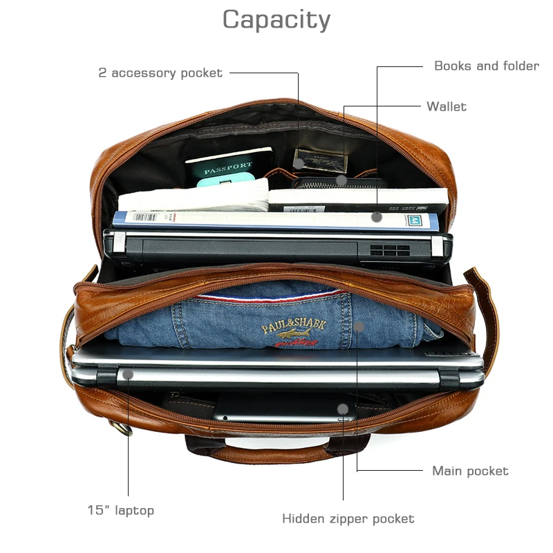 Crossten Multifunctional Natural Cowskin Genuine Leather Men's Briefcase Large Capacity Business bag Laptop Messenger Bag