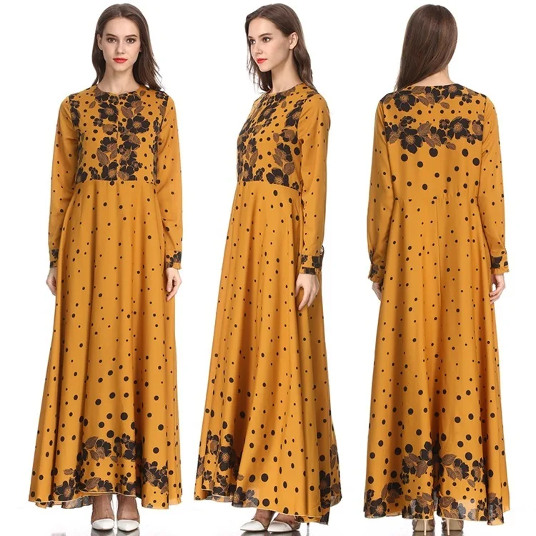 

Elegant Maxi Dress Print Floral Long Robe Gowns Kimono Ramadan Abaya Hijab Full Length Muslim Middle East Arab Islamic Clothing