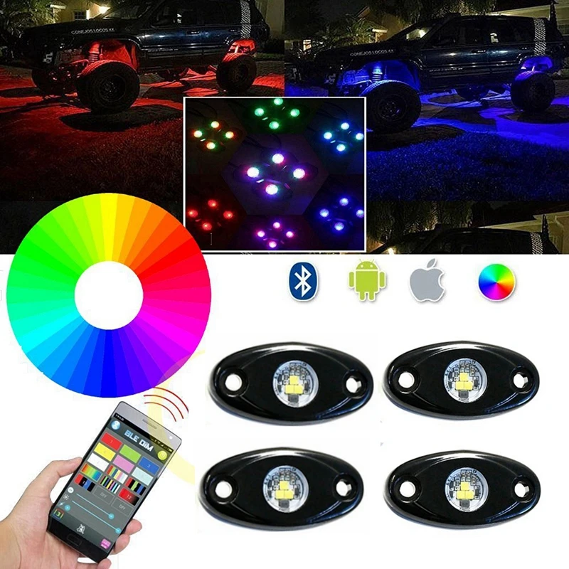 

LED Rock Light with 4 pods lights Bluetooth RGB Controller Under Vehicle Cars Interior and Exterior - Waterproof Shockproof