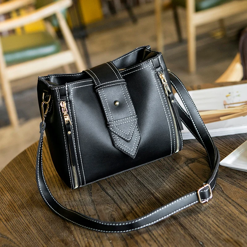 SUNNY SHOP Fashion Ladies Bucket Bag PU Leather Shoulder Bag Small Mini Messenger Bag for Women Bucket Crossbody Bag Zip Design - Цвет: Black Shoulder bag