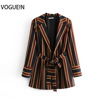 

VOGUEIN New Womens Elegant Striped Print Long Sleeve Long Blazer Suit Coat Cardigan Wholesale