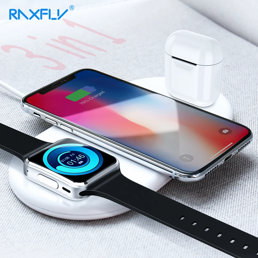 RAXFLY 3 in 1 Wireless Charger For Apple iPhone 8 X Xr XS Max Watch Charger For AirPods Mobile Phone Fast Charger USB Adapter