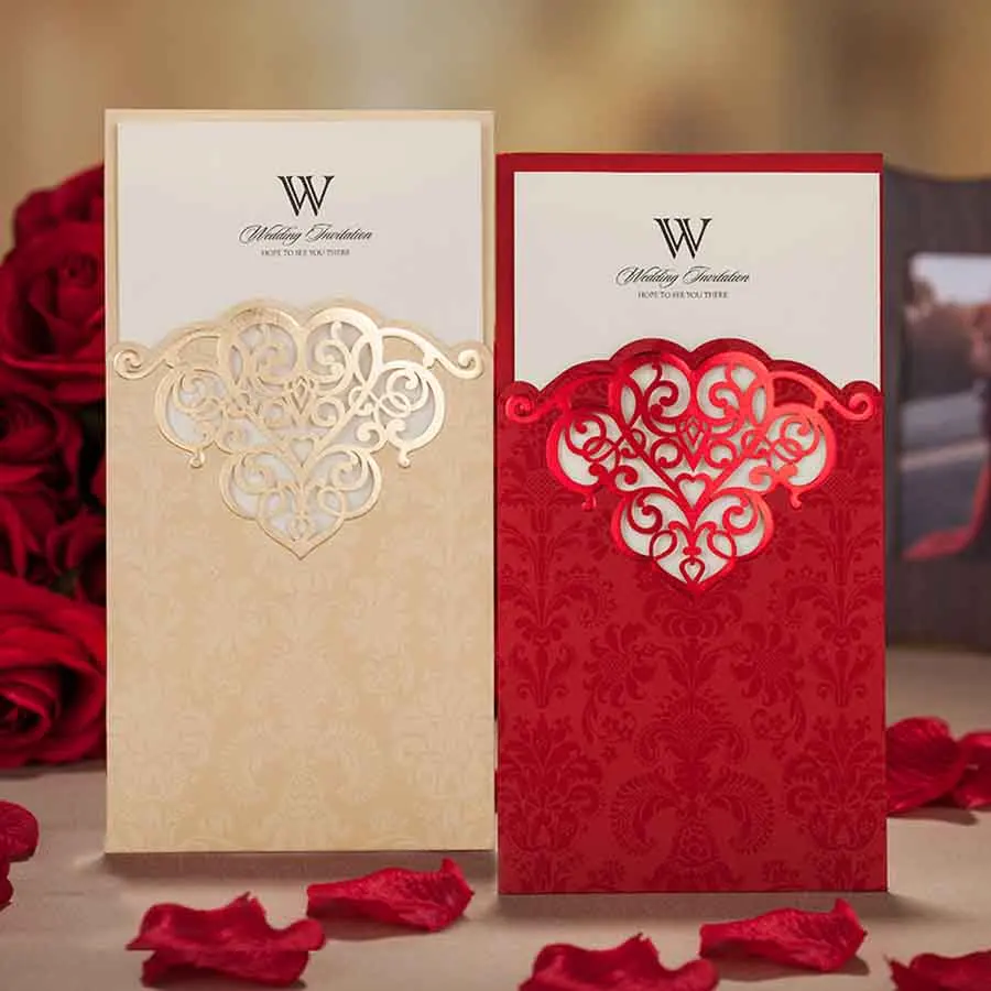 

Wishmade 50pcs Laser Cut Wedding Invitations Set with Hot Stamping Red Gold Blank Cards for Birthday Party Favors, Customizable