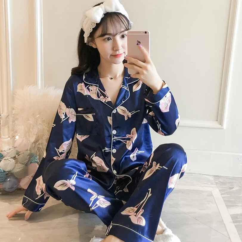 

Autumn Women Long Silk Pajama Sets Satin Pyjamas Sexy Sleepwear Two Piece Set Female Homewear Silk Pyjamas Loungewear XXXXL