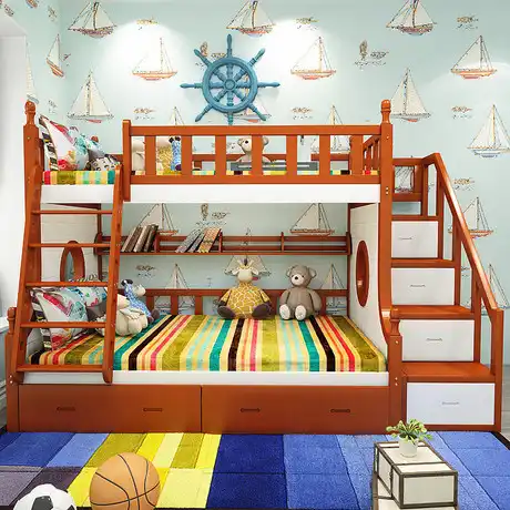 Cama para niños, muebles de madera maciza, escalera de barandilla
