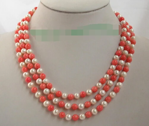 

Jewelr 005353 stunning 3rows white round freshwater pearls pink coral necklace