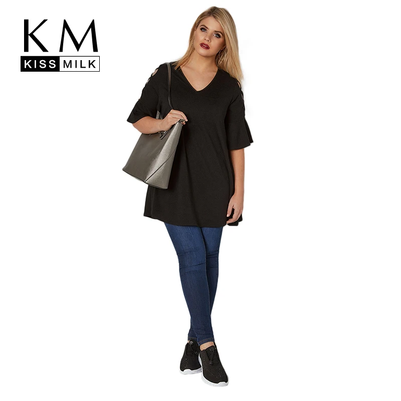 

Kissmilk Plus Size Hollow Out V-Neck Butterfly Sleeve T-Shirt Women Oversize Loose Black Elastic Bandages T shirt
