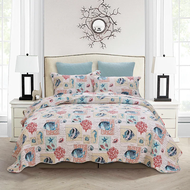 

CHAUSUB Marine Printed Bedspreads Quilt Set 3PCS Washed Cotton Quilts Quilted Bedding Pillowcase King Queen Size Coverlet Sets