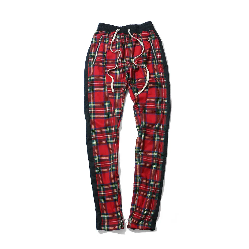 Осень зима новые модные мужские высокие уличные хип-хоп брюки плед уличная молния тонкие узкие брюки мужские брюки шаровары - Цвет: Красный