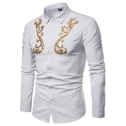 Весенне-осенние мужские рубашки с длинным рукавом, повседневные белые облегающие рубашки с вышивкой, уличная блуза с карманами, топы