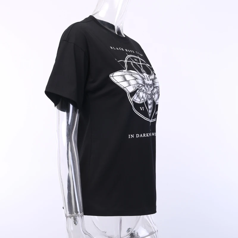 InstaHot/черная свободная футболка Harajuku для женщин, готический панк, рисунок тьма, летняя уличная Футболка с принтом, праздничная футболка на