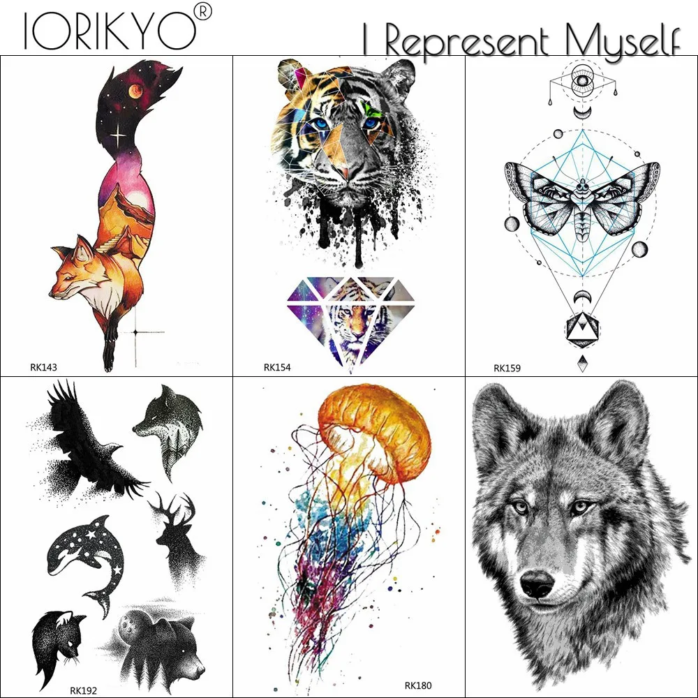 

IORIKYO Men Wolf Tiger Temporary Tattoo Black Fake Women Jellyfish Tatoo Stickers Galaxy Fox Diamond Arm Art Moth Tattoo Paste