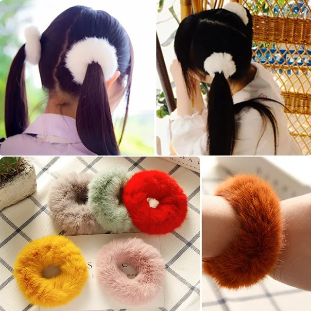New True Fur Rabbit Hair Soft Elastic Hair Bands Women Girls Cute Scrunchie Ponytail Holder Rubber Band Fashion Hair Accessories 1