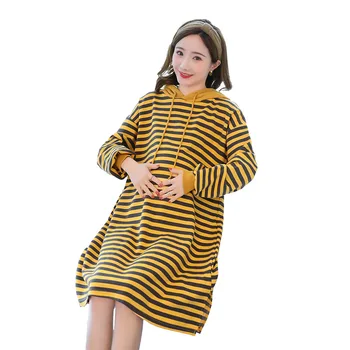 

2018 maternity dress autumn and winter new fashion loose long-sleeved striped sweater skirt hooded maternity dress bottom skirt