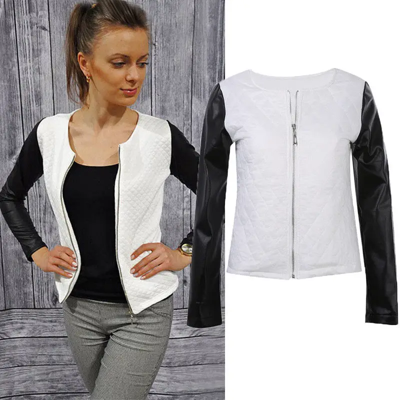 New Fashion Casual Women Ladies Black White Biker Zipper Up Bomber